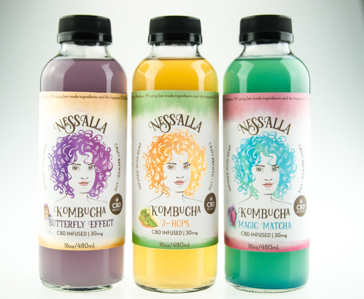 NessAlla Kombucha 16oz CBD bottles